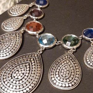 Silvertone Teardrop Multicolored Rhinestone Neckl